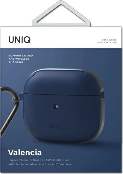 Mbështjellës UNIQ Valencia për AirPods 3, Flexi-Fit, antibakterial MicroRepel, me karabinë, mbrojtje 360°, blu