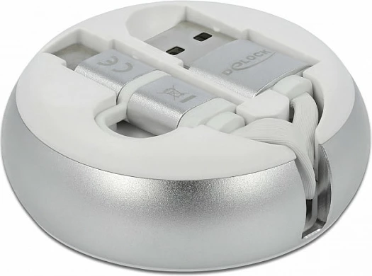 Kabllo USB DeLOCK retractable 2n1, USB-A në USB-C/Micro-USB, 0.92 m, USB 2.0, 2.1A, argjend/bardhë