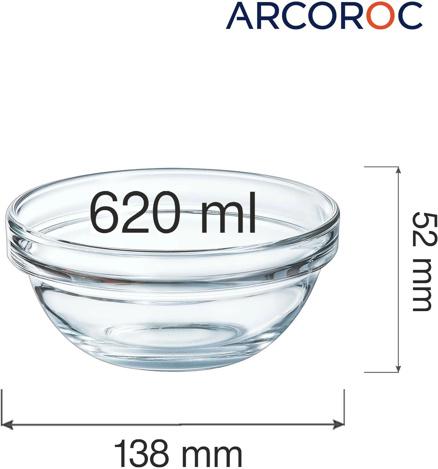 Tas i stivueshëm Arcoroc 620 ml Ø138 mm, set 6 copë, transparent