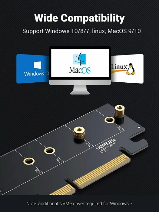 Adapter M.2 NVMe në PCIe 4.0 x16 UGREEN 30715, me ftohës (heatsink), i zi, set