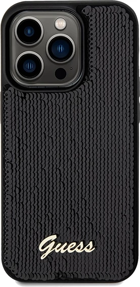 Mbështjellës Guess Sequin Script Metal për iPhone 14 Pro Max, i zi