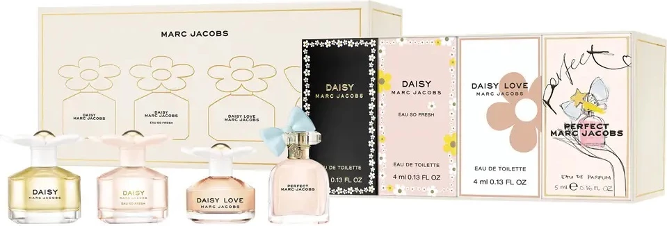 Set miniatura Eau de Toilette dhe Eau de Parfum për femra Marc Jacobs Daisy, Daisy Eau So Fresh, Daisy Love, Perfect 4ml+4ml+4ml+5ml