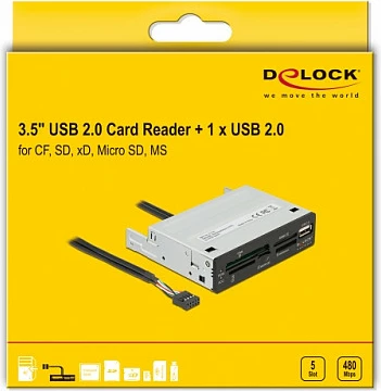 Lexues kartelash DeLOCK 3.5" USB 2.0 Card Reader, 5 slota + 1x USB-A, 480 Mbit/s, i brendshëm, zi/gri