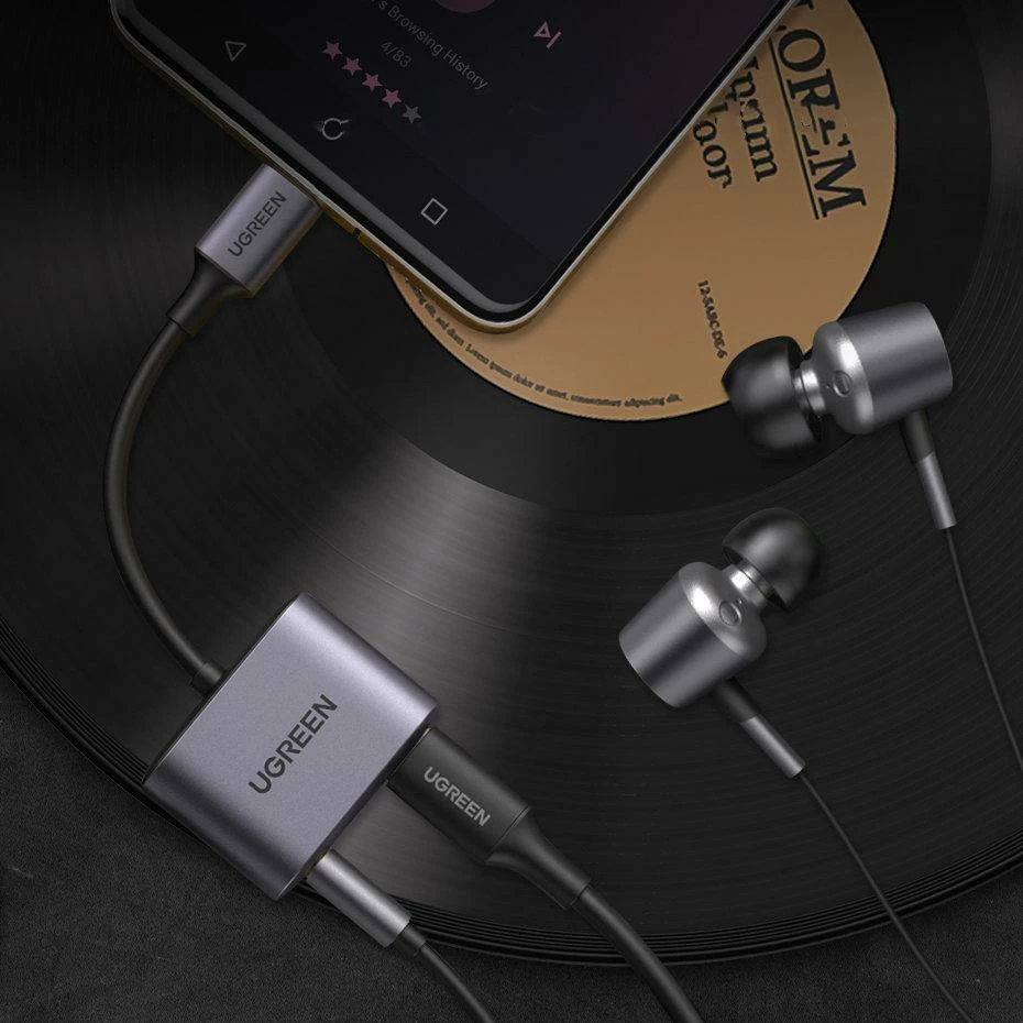 Adapter AV Ugreen CM231 USB-C në 3.5mm + USB-C, PD/QC 30W, gri