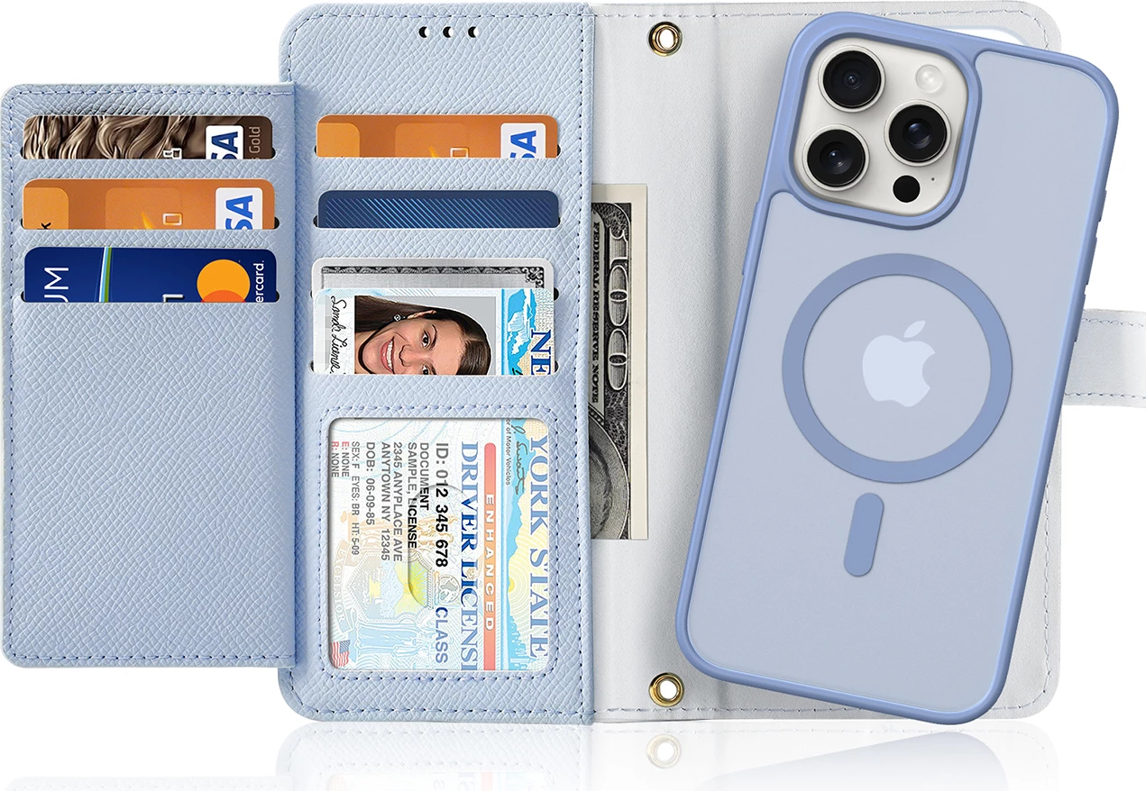 Mbështjellës Dux Ducis Lawa për iPhone 15 Pro, me portofol magnetik, lëkurë, Blu