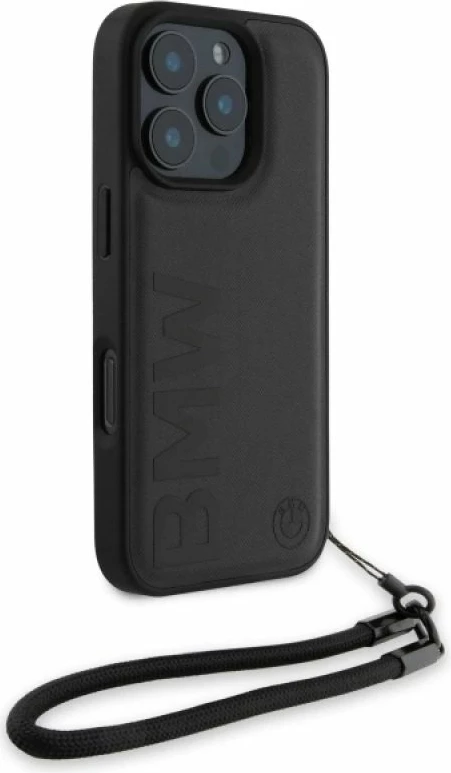 Kuti telefoni BMW Signature Leather Wordmark Cord për iPhone 16 Pro, e zezë