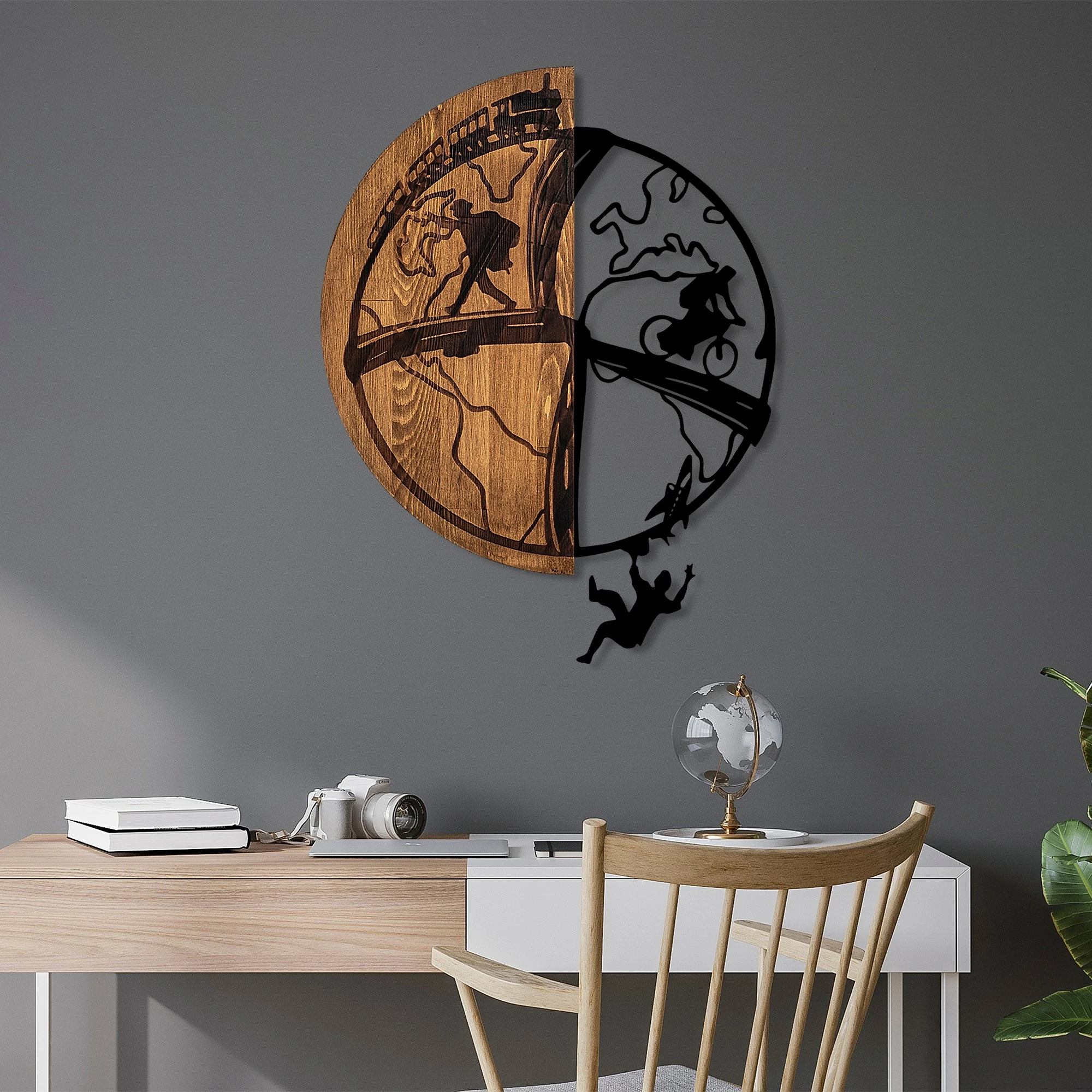 Aksesor dekorativ prej druri për mur, Wallity, Globetrotting, ngjyrë arre dhe e zezë, 50x66cm