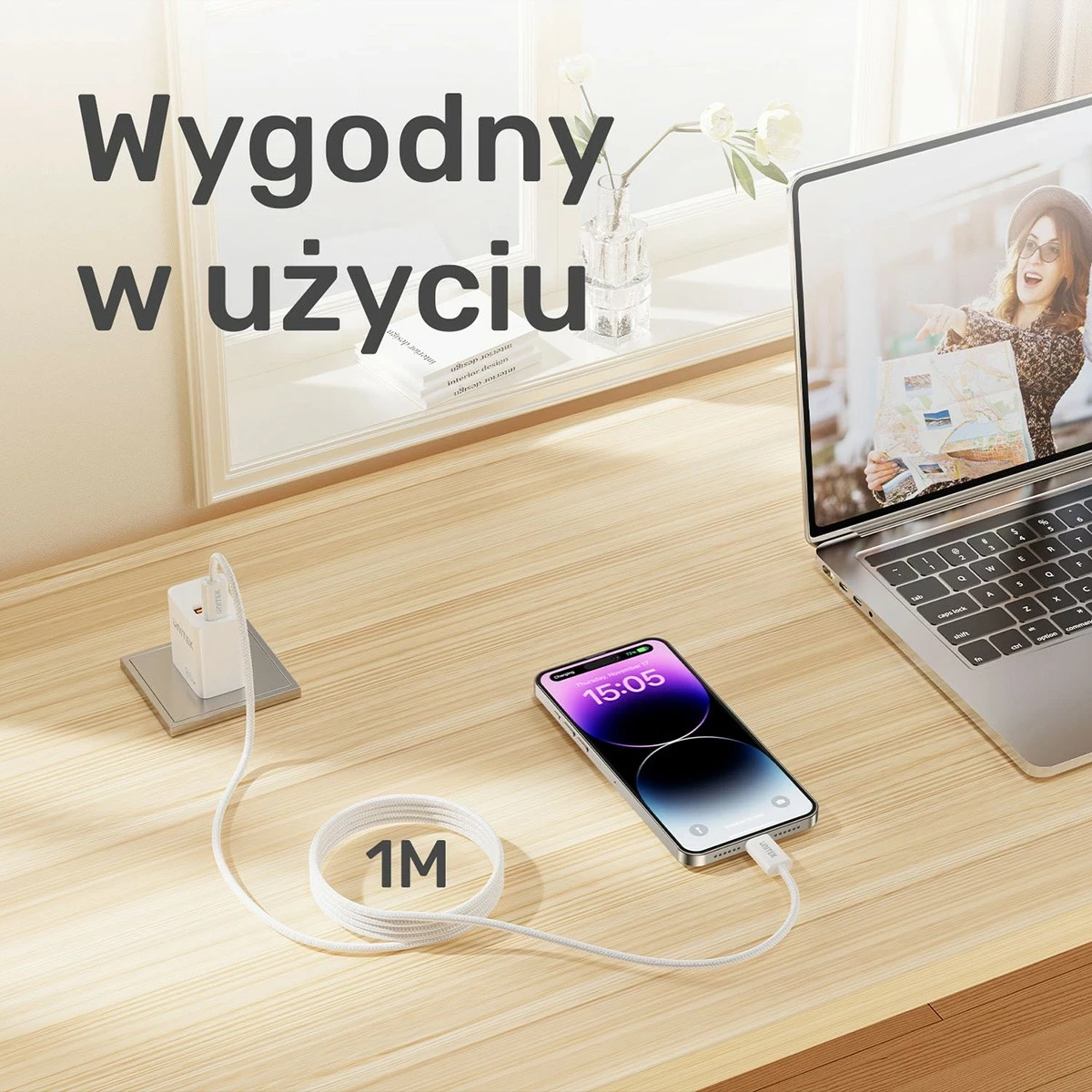 Kabëll Unitek USB-C PD 100W, 1m, bardhë