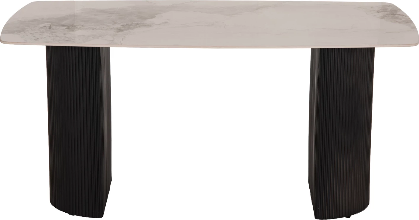 Tavolinë ngrënie Minao, këmbë MDF ngjyrë hiri e errët, sipërfaqe qeramike efekt mermeri e bardhë/kafe, 160x90x75 cm
