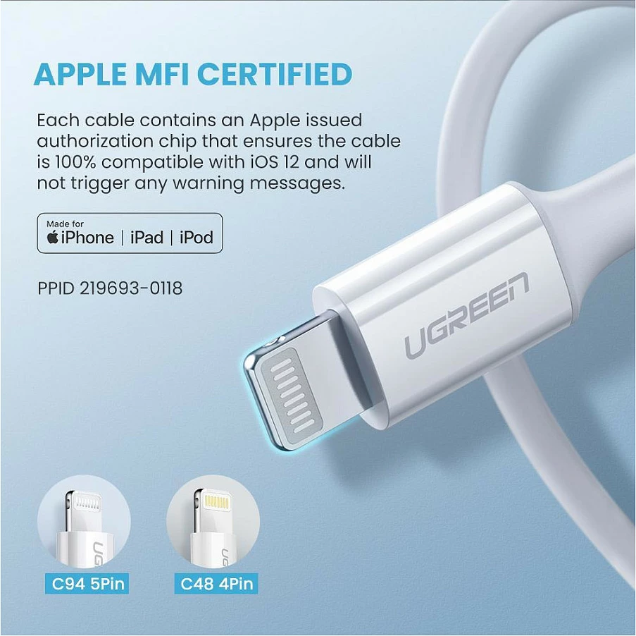 Kabëll UGREEN USB-C në Lightning, karikim dhe sinkronizim, i bardhë