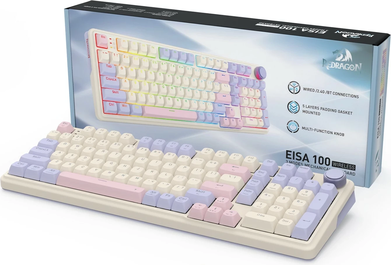 Tastierë gaming Redragon Eisa K768VI-WL, 96%, mekanike Hot-Swap, wireless/Bluetooth, RGB, e bardhë