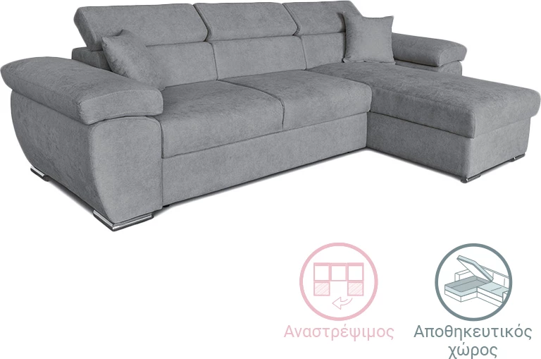 Divan qoshe me shtrat, i kthyeshëm, ngjyrë gri, Comy, 286x160x75-90cm