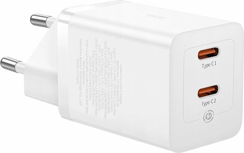 Adapter rryme Baseus GaN5 Pro 40W 2xUSB-C, i bardhë