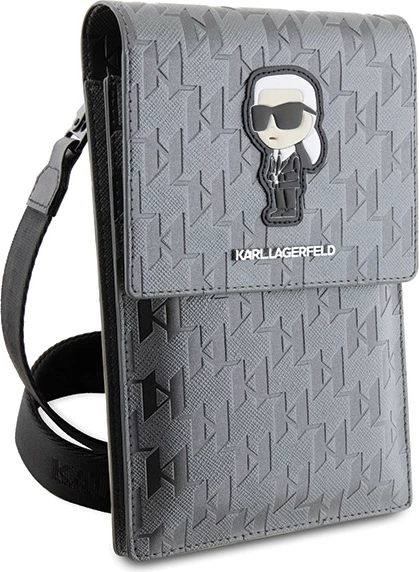 Çantë për celular Karl Lagerfeld Saffiano Monogram Ikonik, argjendtë