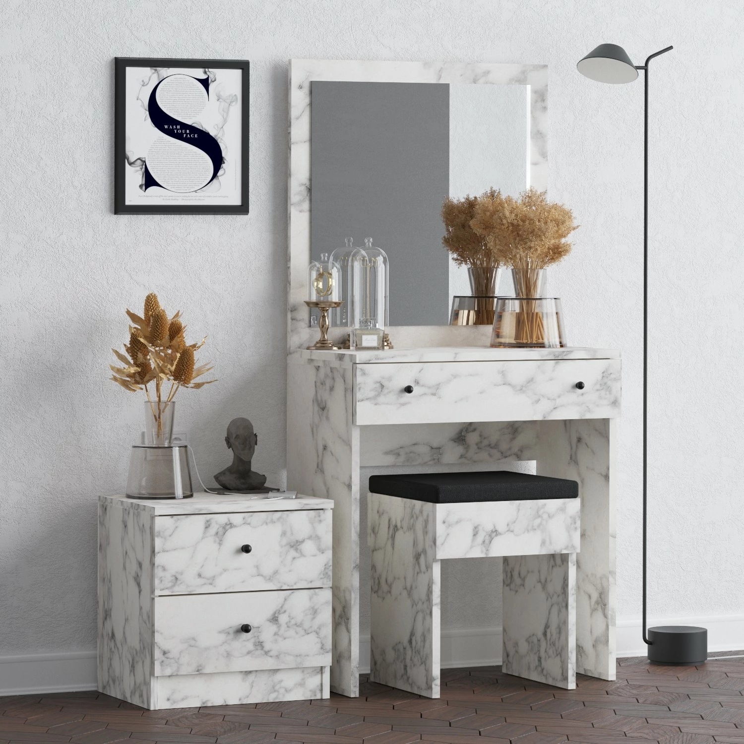 Tavolinë grimi me komodinë e karrige, ngjyrë Carrara Marble, Hanah Home, Nice