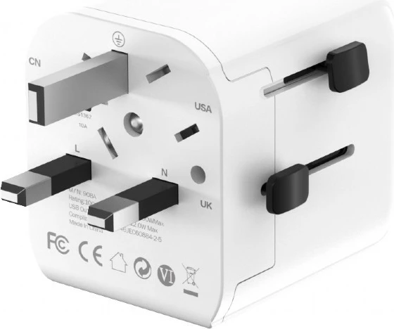 Adapter universal udhëtimi EU, Gembird, TPA-EU2A12-01-W, 12 W, 2x USB-A, soket Schuko, me priza US/UK/AU/CN, i bardhë