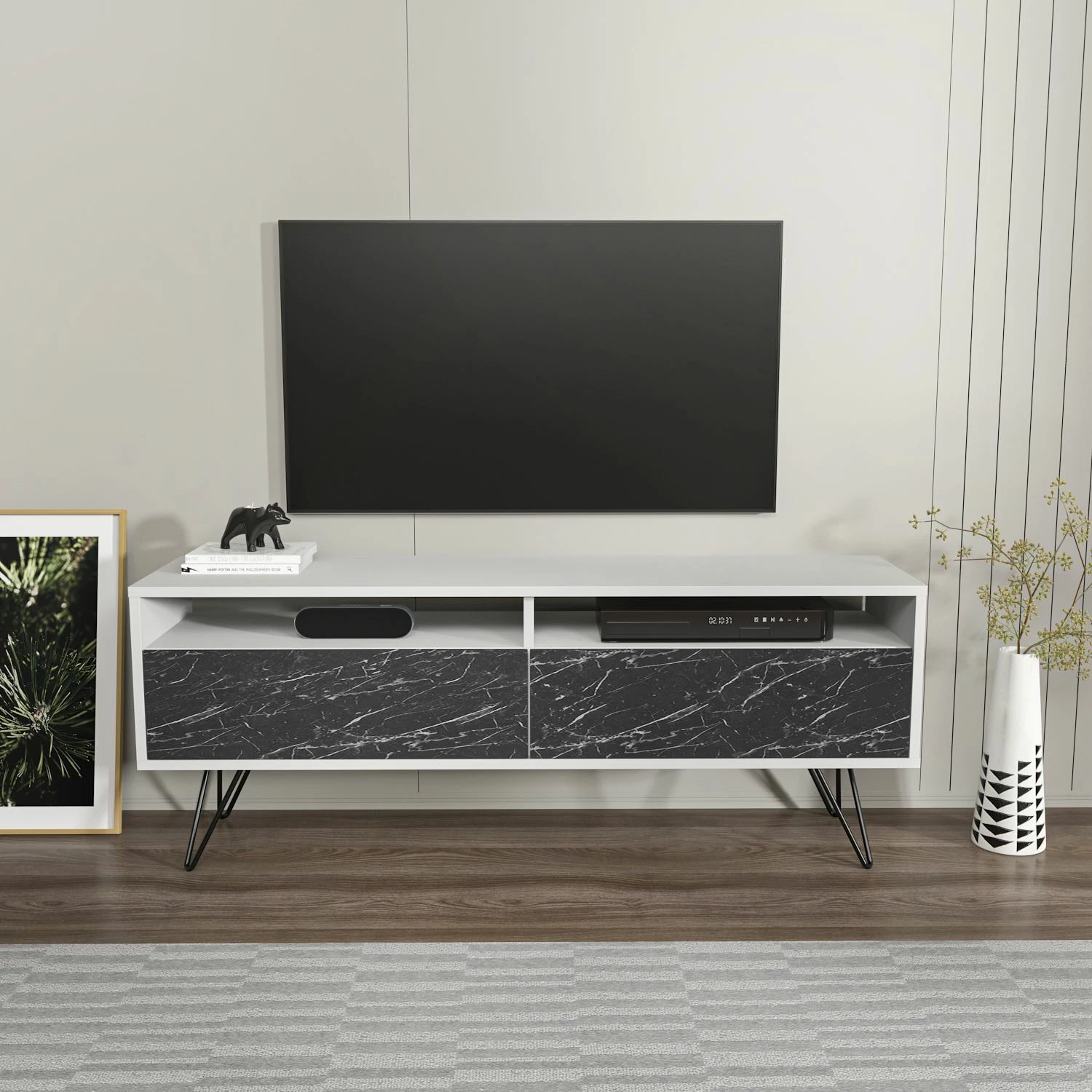 Komodë TV Skye Decor, e bardhë, e zezë