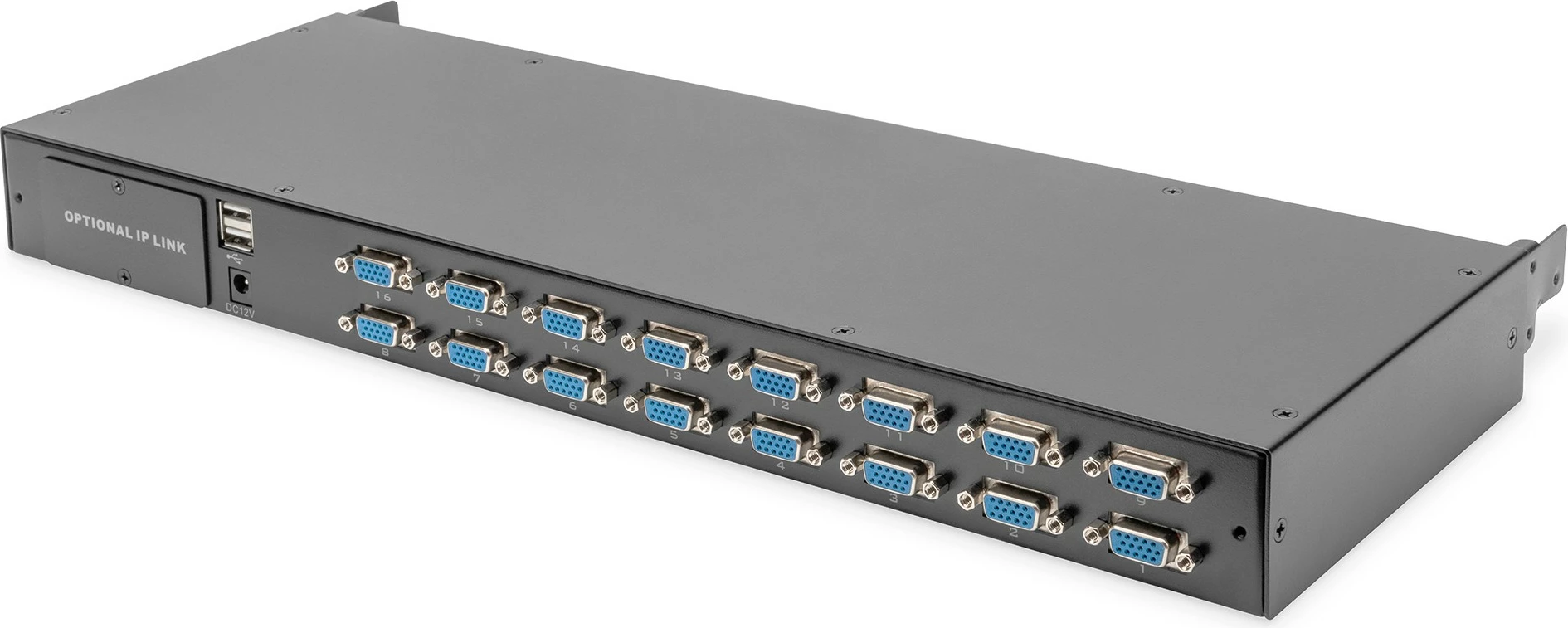 Konsolë rack Digitus 19" LCD, 16-port KVM, QWERTY US, e zezë
