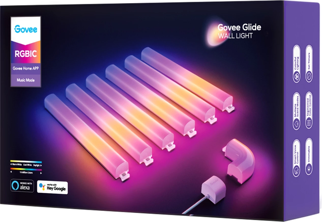 Dritë muri smart Govee Glide RGBIC, set 6 shufra + 1 lidhës këndi
