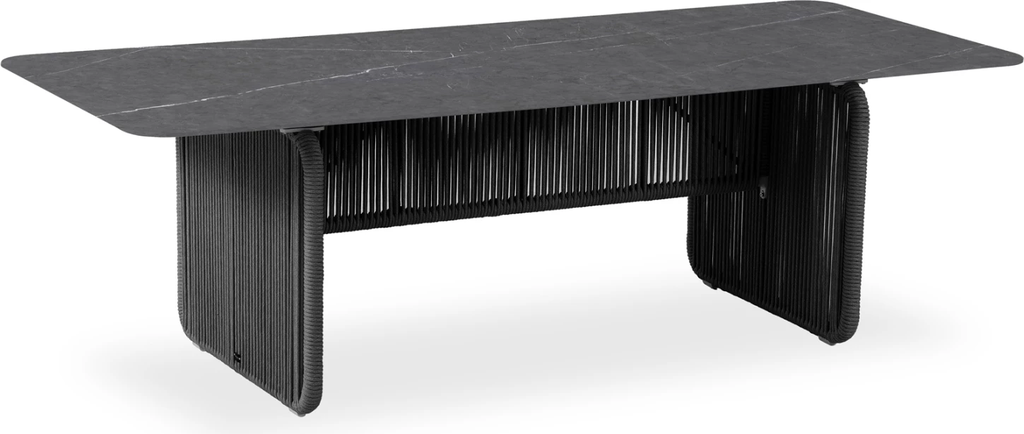 Tavolinë ngrënieje për jashtë, seri Destiny, kornizë qymyr, litar metalik gri, sipërfaqe guri gri