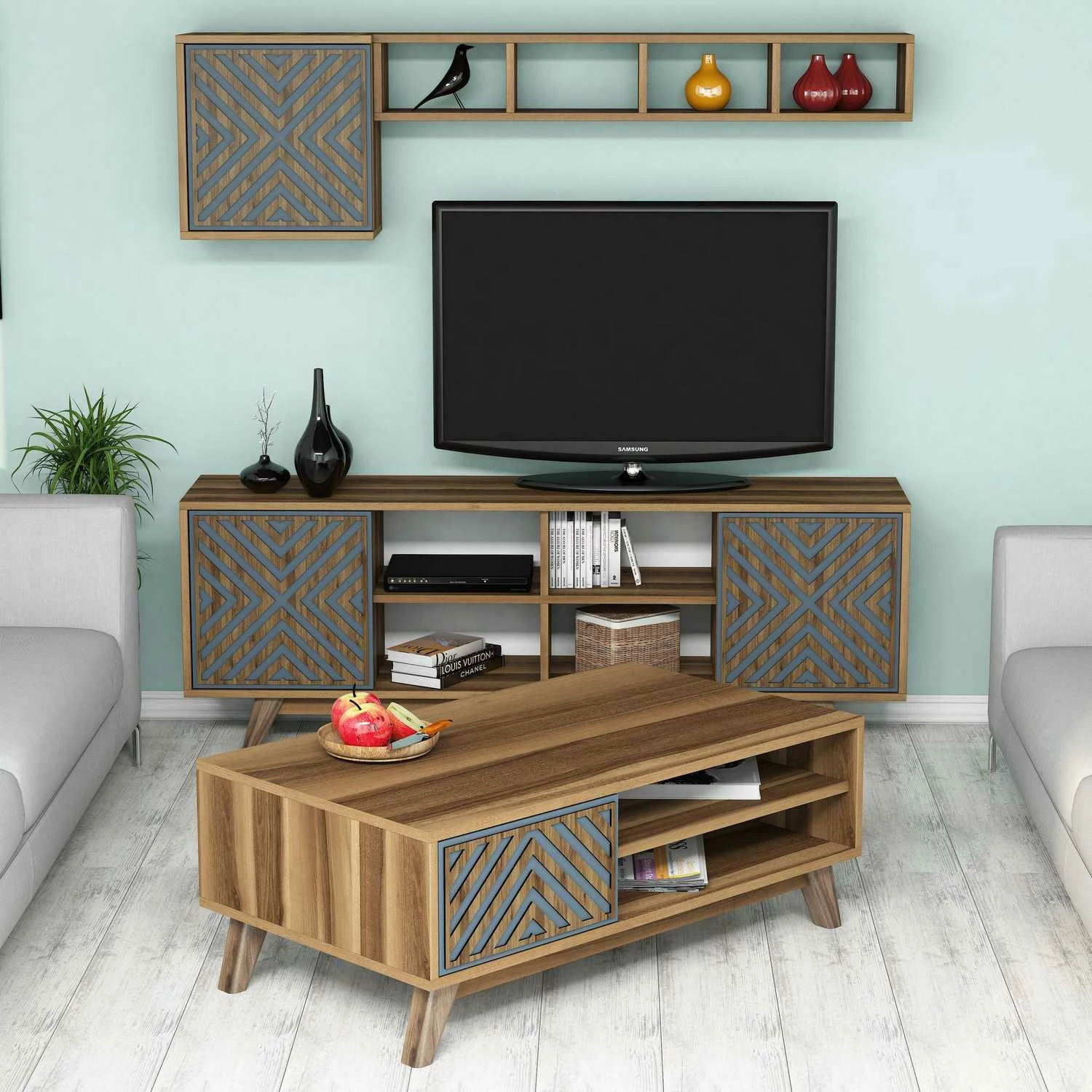Set mobiljesh për dhomë dite Hanah Home, Inci, ngjyrë arre dhe blu