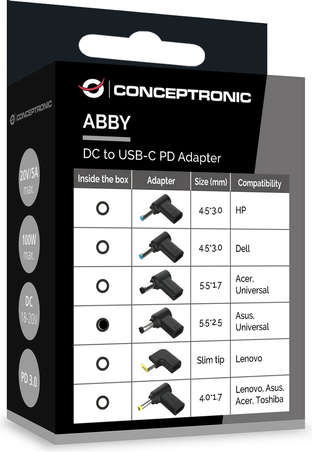 Adapter Conceptronic USB-C PD100W në Asus/Universal 5.5x2.5mm, i zi