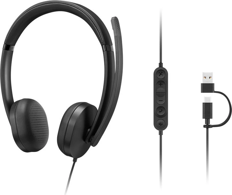 Kufje me kabllo VoIP, Lenovo Wired VoIP Headset 5000 4XD1R88995, stereo me mikrofon, USB-C me adapter USB-A, anulim zhurme, mbi vesh, e zezë