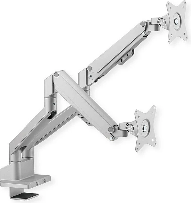 Mbajtëse monitori ROLINE LCD Doppelarm, montim në tavolinë, gasfeder, 2x 17-32 inç, VESA 75x75/100x100, deri 2x9 kg, argjend