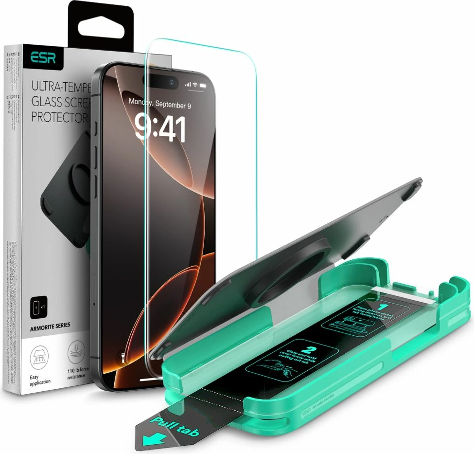Mbrojtës ekrani xhami ESR Armorite me kornizë instalimi, për iPhone 15/14/13, Transparent
