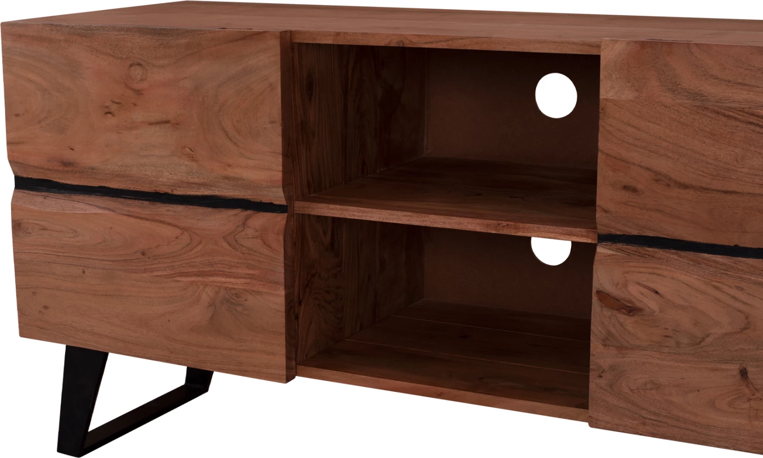 Komodë TV Alicia, dru akacie masiv, ngjyrë natyrale, këmbë metalike të zeza, 130x43x66 cm