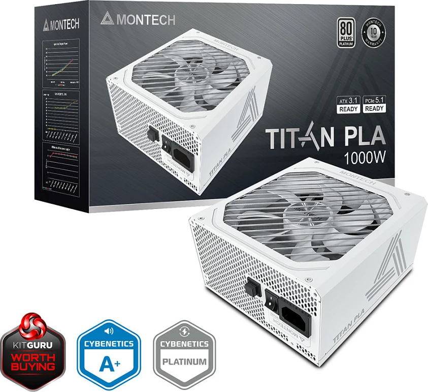 Furnizues rryme Montech Titan PLA 1000W, 80 PLUS/Cybenetics Platinum, modular, PCIe 5.1, i bardhë