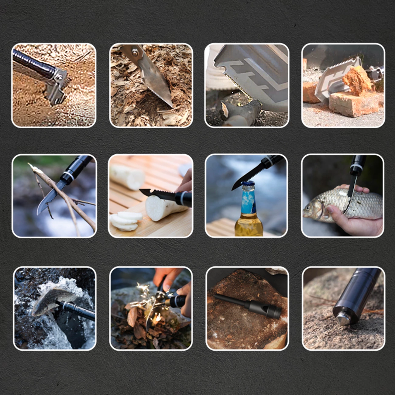 Lopatë multifunksionale palosëse, Wozinsky WSS-211, çelik inox, me thikë & sharrë, thyes xhami, fishkëllimë me çakmak, me këllëf, gri