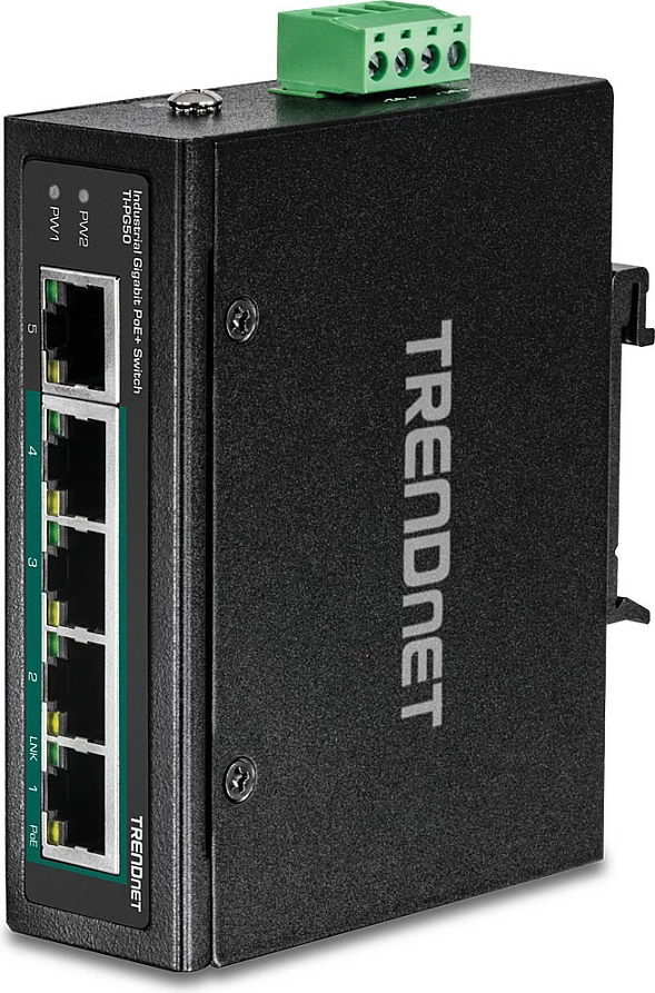 Switch industrial TRENDnet TI-PG50, 5-port Gigabit PoE+, 120W, DIN-Rail, IP30