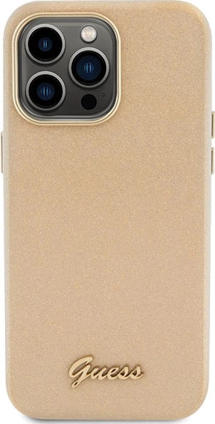 Mbështjellës Guess Glitter Glossy Script për iPhone 15 Pro Max, ari