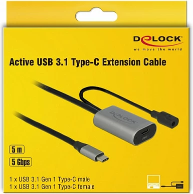 Kabllo zgjatëse USB-C DeLOCK 85392, 5 m, USB 3.2 Gen 1, me furnizim DC, zi/gri