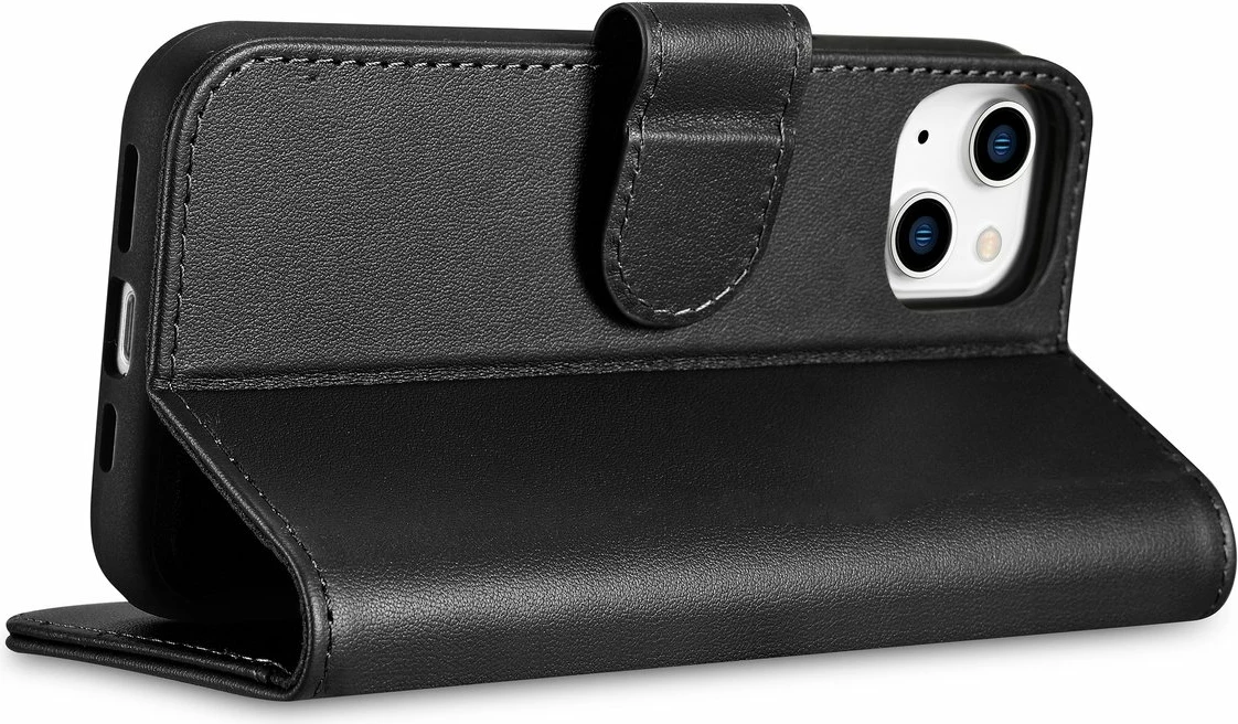 Mbështjellës iCarer Wallet Case 2in1 për iPhone 14 Plus, lëkurë natyrale, Anti-RFID, e zezë
