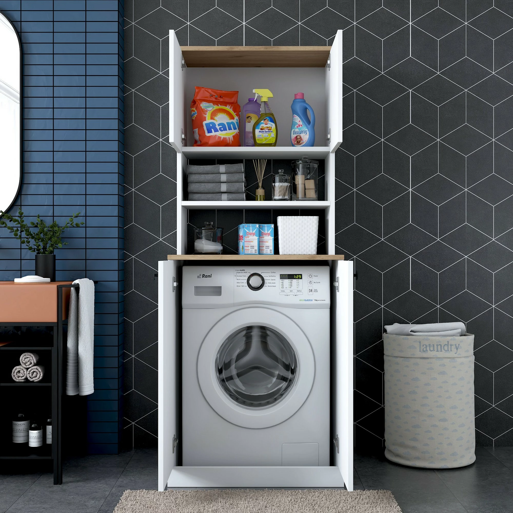 Dollap për lavatriçe, ngjyrë e bardhë dhe arre, Hanah Home KD102-2160