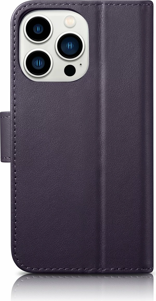 Mbështjellës iCarer Wallet Case 2in1 për iPhone 14 Pro, lëkurë natyrale, Anti-RFID, Vjollcë e errët