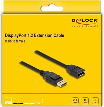 Kabllo zgjatëse DisplayPort DeLOCK 1.2, 1 m, 4K 60Hz, e zezë