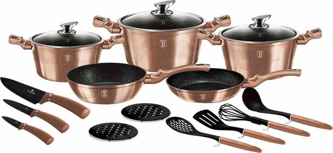 Set tenxheresh dhe tiganësh Berlinger Haus BH-6161, veshje graniti, për induksion, 17 copë, rose gold