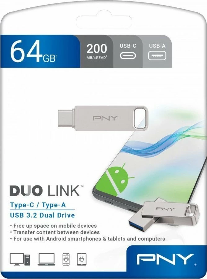 Pendrive PNY Duo-Link 64GB USB 3.2 Gen 2 (USB-C/USB-A), argjendtë