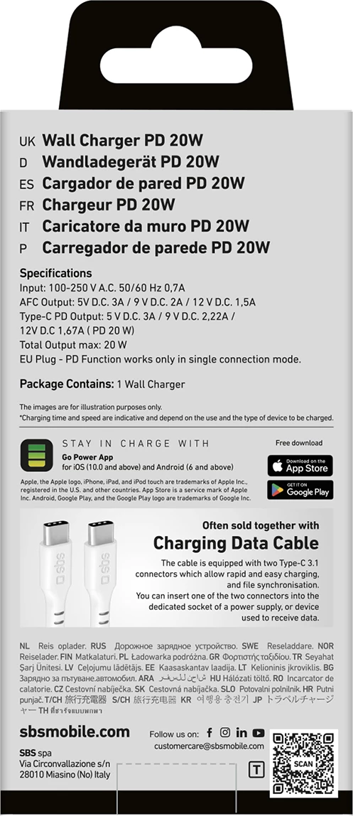 Karikues muri SBS TETRPD20W, 20W, 2 porta USB-A/USB-C, i bardhë