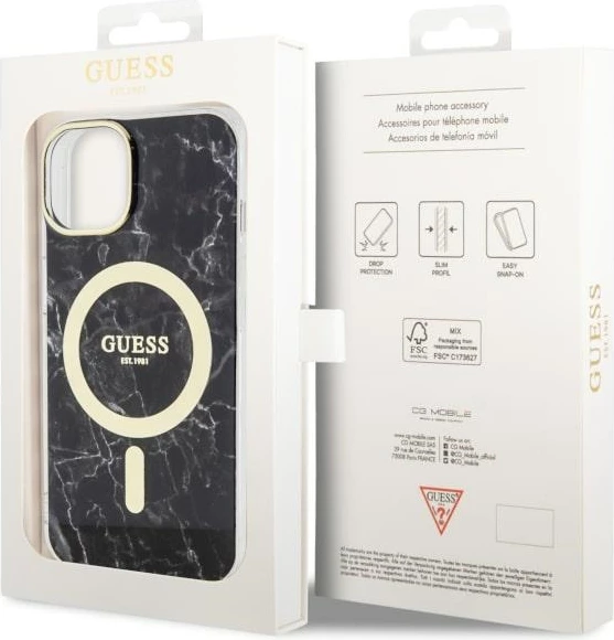 Mbështjellës Guess GUHMP14MPCUMAK për iPhone 14 Plus 6.7", MagSafe, mermer, zi