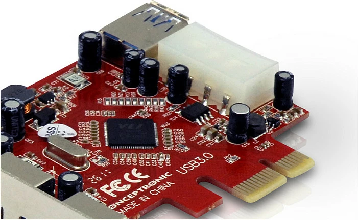 Kartë zgjerimi PCIe1x Conceptronic, 3x USB-A jashtë + 1x USB-A brenda, 5Gbps, kuqe/argjendtë