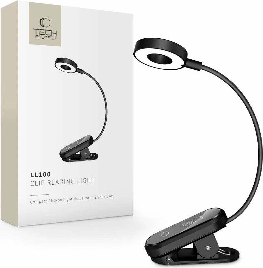Llambë leximi me klip Tech-Protect LL100, 10 LED, 3 ngjyra drite, USB-C, kabllo USB-A/USB-C 30 cm, e zezë