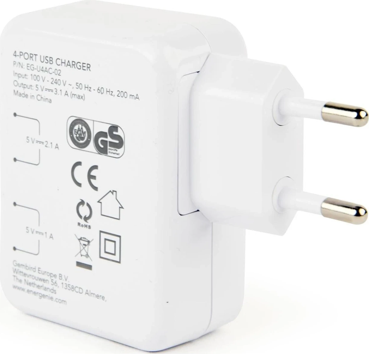 Karikues Gembird me 4 porta USB 3.1, bardhë