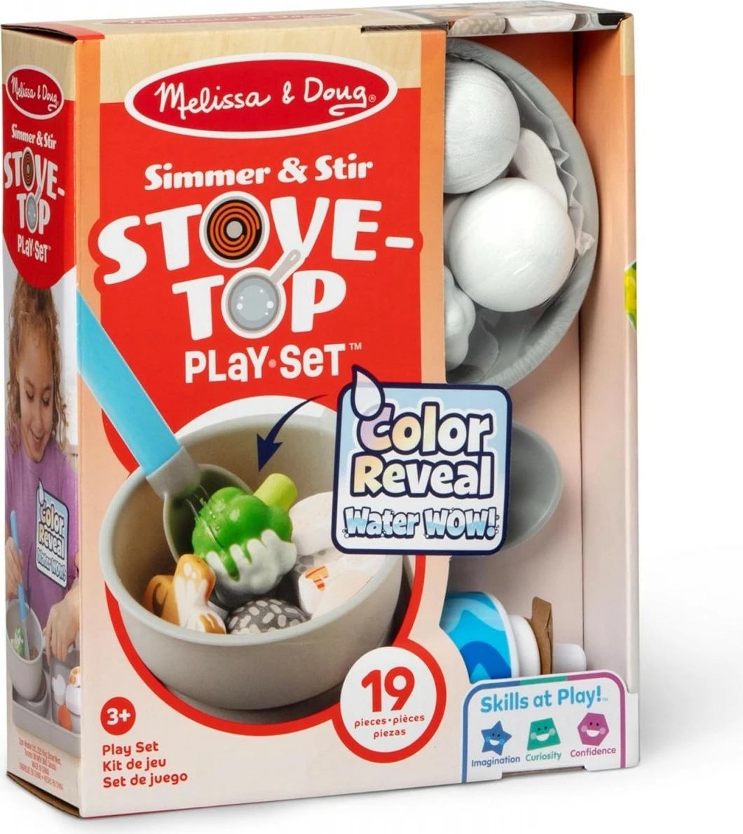 set loje gatimi Melissa & Doug Water WOW! Simmer & Stir Stove-Top Play-Set, MPN 6074892, 19 pjesë, ndryshim ngjyrash me ujë, 3+, multicolor