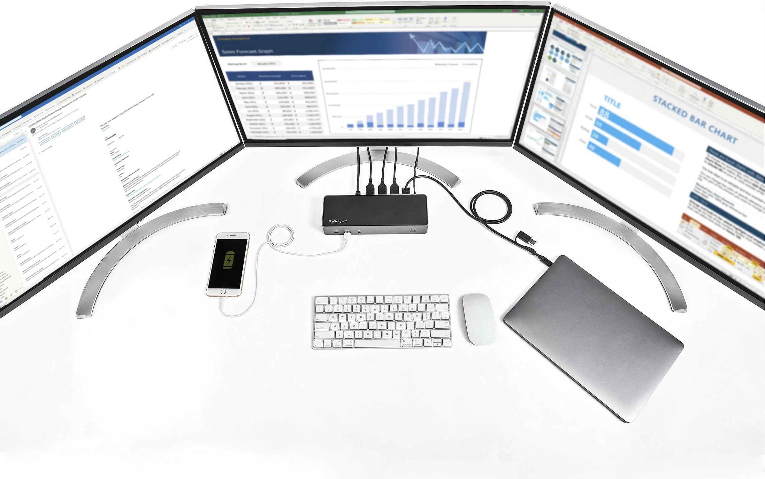 Docking station StarTech USB-C & USB-A Dock, Triple Monitor 4K 60Hz, 85W Power Delivery, 6x USB, GbE, e zezë/argjendtë