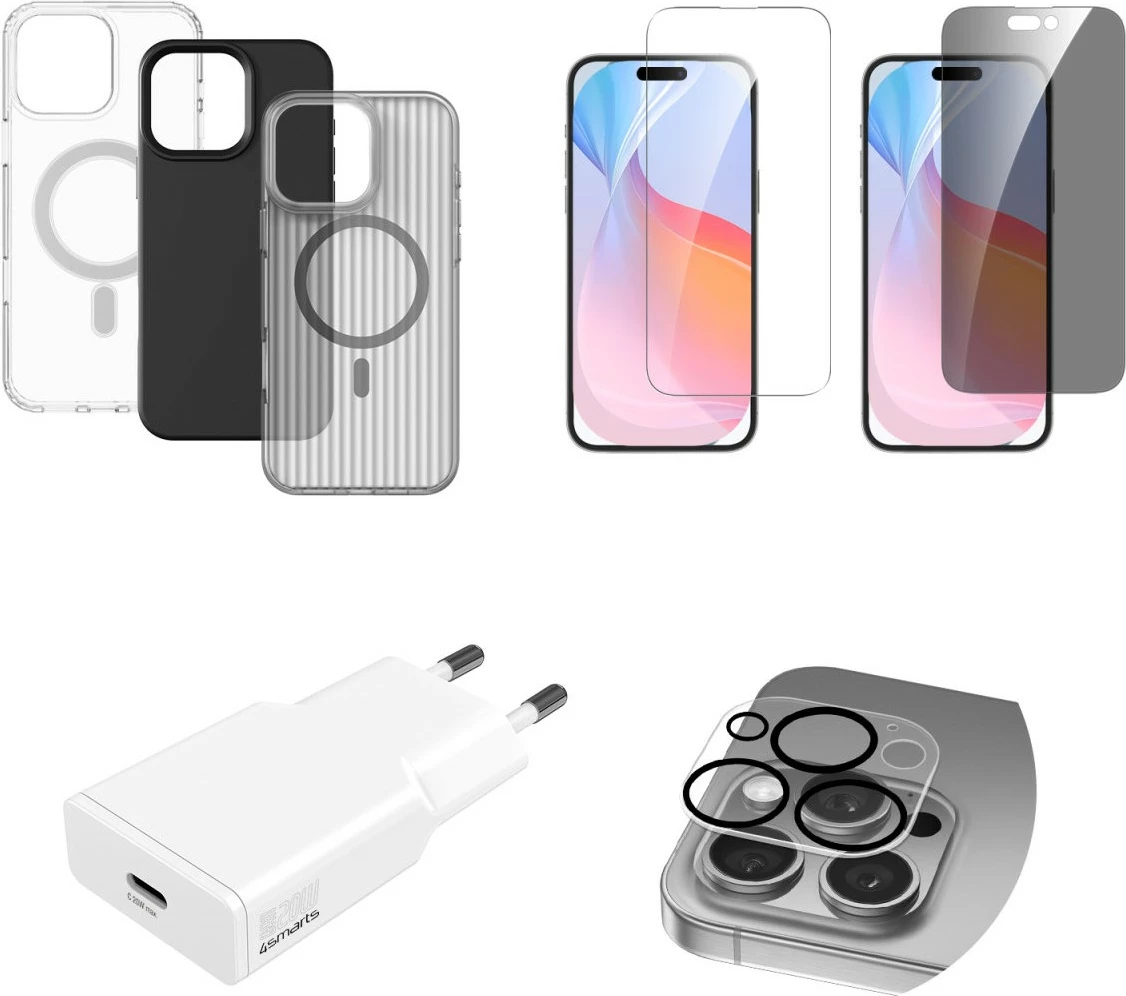 Mbështjellës 4smarts për iPhone 16 Pro Max, me karikues, mbrojtës ekrani 9H, zi/gri/transparente/bardhë