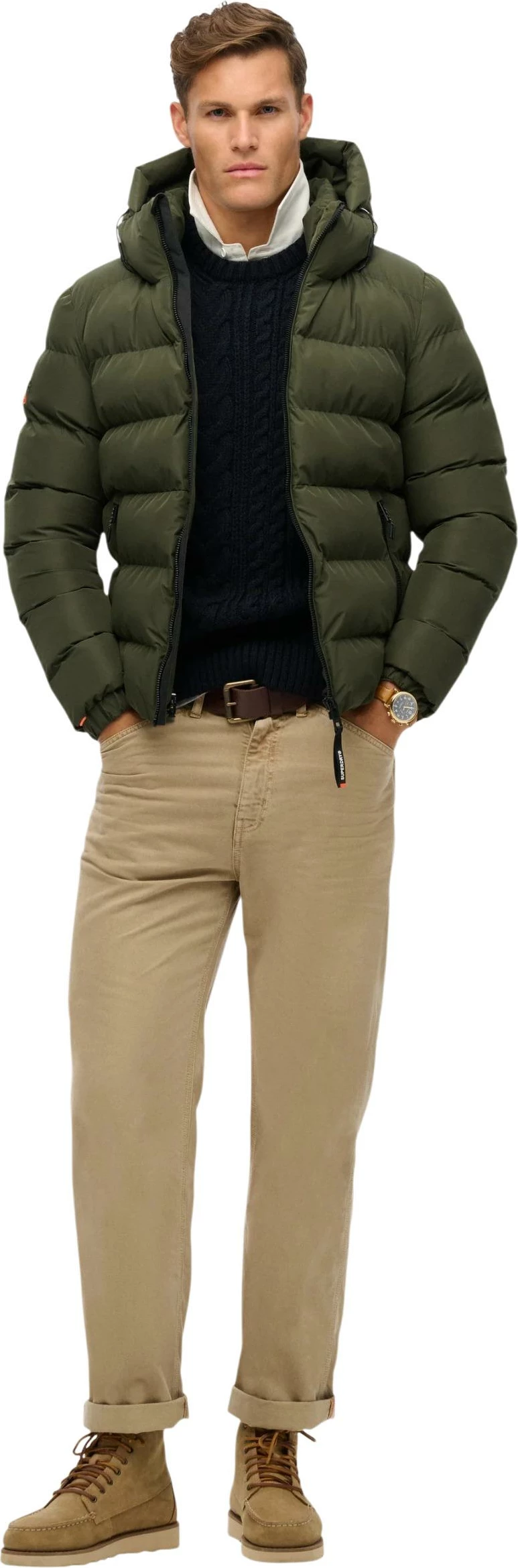 Jakne puffer sportive me kapuç Superdry SDM5011905A për meshkuj, e gjelbër ulliri [Madhësia: XL]